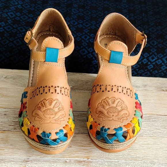 Mexican Platform Espadrille Sandal Huarache Leather Tan with Colorful Accents 7M - Picture 2 of 10